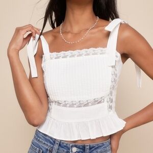 Lulus Darling Cuteness White Lace Tie-strap Sheer Ruffled Crop Top - Size L